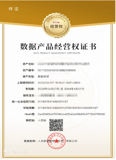 數(shù)據(jù)產(chǎn)品經(jīng)營權證書樣式
