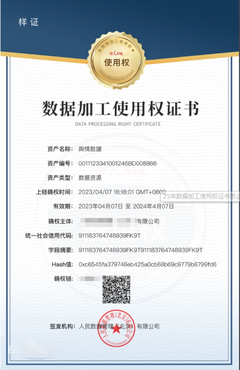 數(shù)據(jù)加工使用權證書樣式
